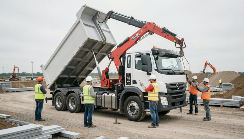 Camion-benne avec grue auxiliaire sur chantier